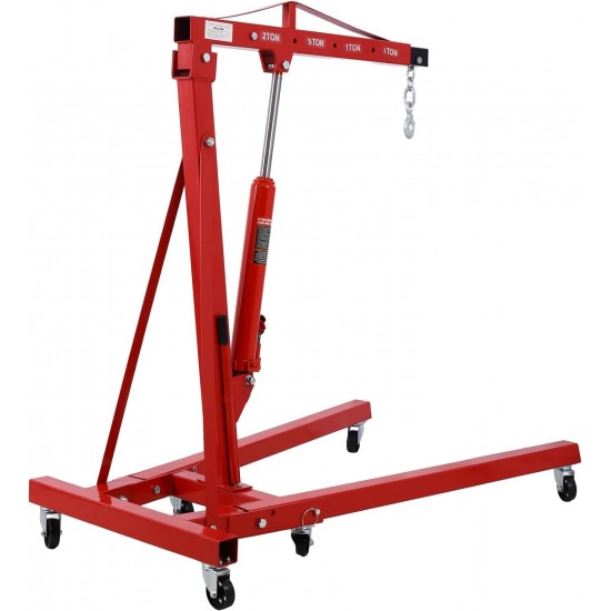 2 Ton(4000lbs) Folding Engine Hoist Cherry Picker, Shop Crane Hoist Lifter, Heavy Duty Steel with 6 Iron Caster Wheels (Red)