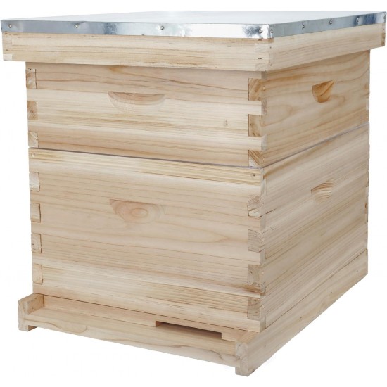 8 Frame Langstroth Bee Hive, Beehive Starter Kit for Beginners with Beehive Frames and Waxed Foundation (1 Deep Box & 1 Medium Box)