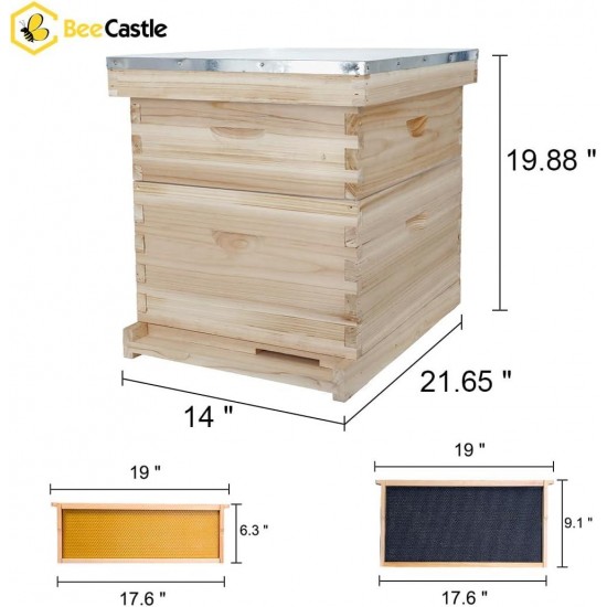 8 Frame Langstroth Bee Hive, Beehive Starter Kit for Beginners with Beehive Frames and Waxed Foundation (1 Deep Box & 1 Medium Box)