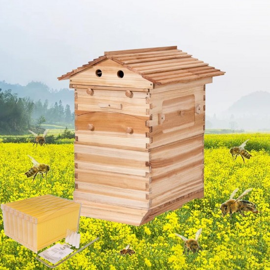 Bee Hives Boxes and Frames Starter Kit 7Pcs Automatic Wooden Beehive House, Auto Honey Hive Beehive Frames, Beekeeping Wooden House Beehive Boxes for Beekeepers