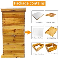 5 Layer Complete Bee Hives and Supplies Starter Kit Beehive Dipped in 100% Beeswax Include Queen Excluder & Cover。(5-Layer，no Frame)