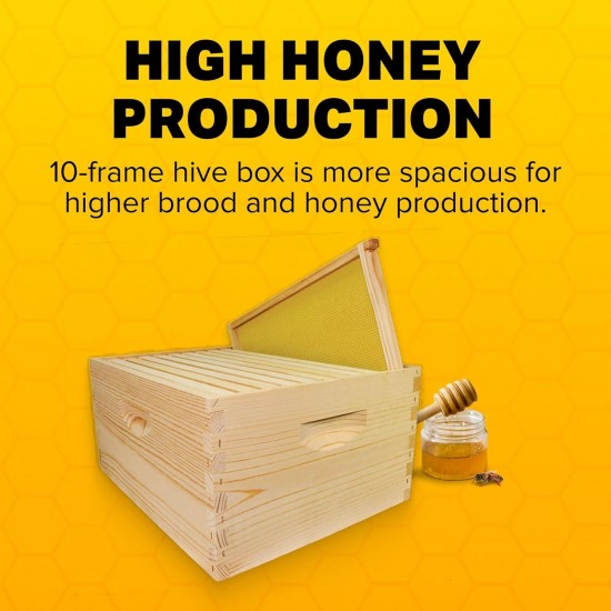 Unassembled Complete Bee Hive Box with Foundation, Langstroth 10 Frame 9 5/8 Hive Body, All Beekeeping Levels, Assembly Required