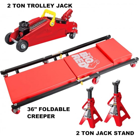 T82040-1 Torin Hydraulic Trolley Floor Service/Floor Combo with 2 Jack Stands and Rolling Garage/Shop Creeper, 2 Ton (4,000 lb.) Capacity, Red