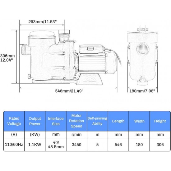 1.5HP Swimming Pool Pump, 1100W In/Above Ground Pool Pump with 59.05'' Electric Cord, High Efficiency and Low Noise, Apply to Water Circulation in Filtration System (110-120V/60HZ)