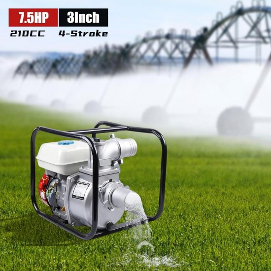 3 Inch Gas Powered Water Pump, 4-Stroke 210cc 7.5Hp Trash Pump, 3600r/min Water Transfer Pump, Portable Gasoline Semi-trash Water Pump for Irrigate The Field Construction Site