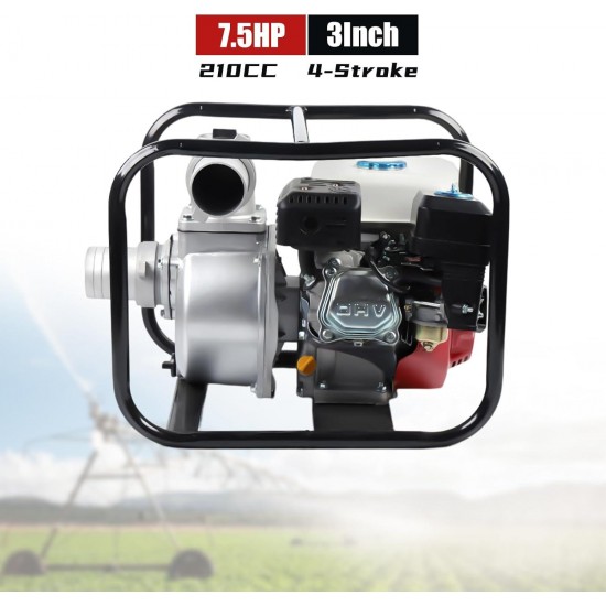 3 Inch Gas Powered Water Pump, 4-Stroke 210cc 7.5Hp Trash Pump, 3600r/min Water Transfer Pump, Portable Gasoline Semi-trash Water Pump for Irrigate The Field Construction Site