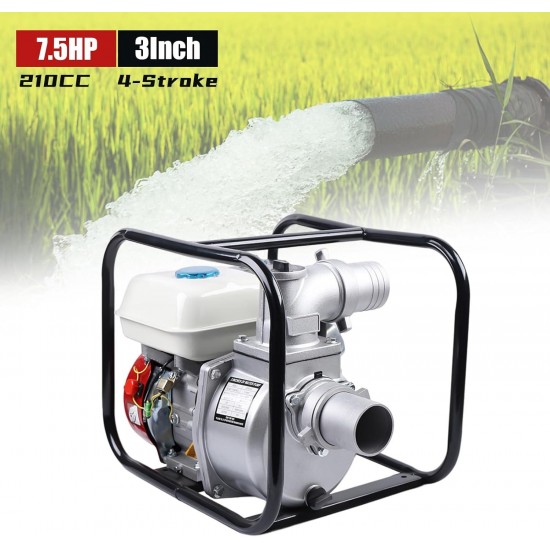 3 Inch Gas Powered Water Pump, 4-Stroke 210cc 7.5Hp Trash Pump, 3600r/min Water Transfer Pump, Portable Gasoline Semi-trash Water Pump for Irrigate The Field Construction Site