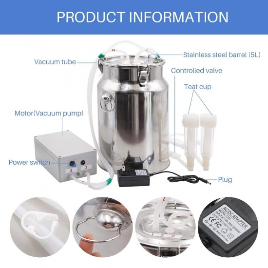 10L Goat Milking Machine Adjustable Pulsation Vacuum Electric Milker, Automatic Pulsating Vacuum Pump Livestock Milking Supplies with Stainless Bucket