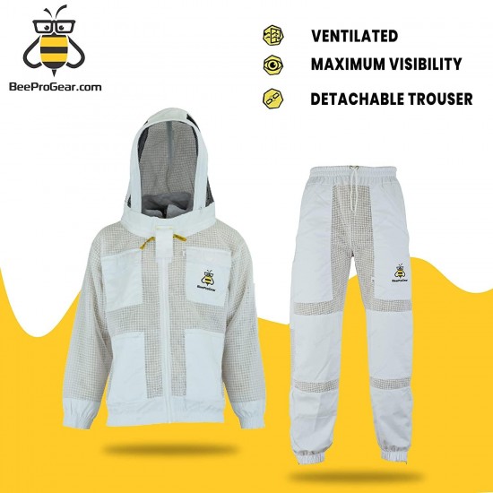 BeeProGear Ultra Ventilated Fencing Veil Jacket with Trouser White | 3 Layer Mesh Ventilated Beekeeping Trousers | Unisex Polycotton Beekeeper Jacket (Large)