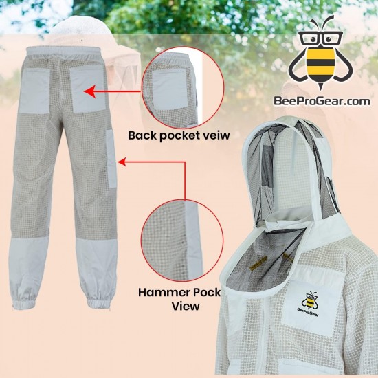 BeeProGear Ultra Ventilated Fencing Veil Jacket with Trouser White | 3 Layer Mesh Ventilated Beekeeping Trousers | Unisex Polycotton Beekeeper Jacket (Large)