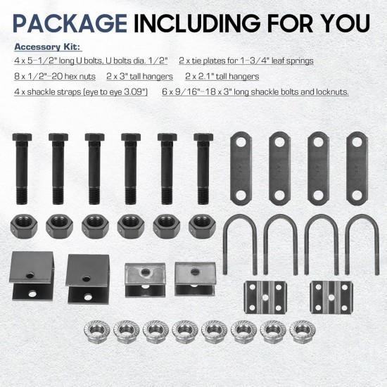 2 Pieces of SW4B 4 Leaf Trailer Spring, 3500lb Single Trailer Axle Suspension Kit with 1750lb Capacity Double Eyes Leaf Springs, U-Bolt and Hanger Kit