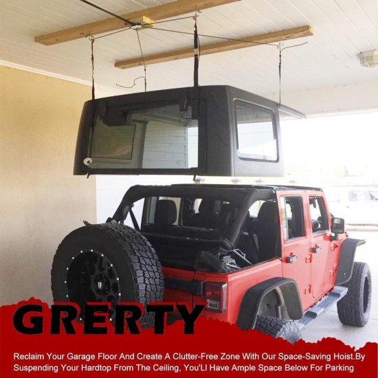 Hard Top Removal Lift for Jeep Wrangler JL JK Models and Ford Hardtop, Garage Storage Hoist, Safety Fall Prevention System, Easily Operated by One Person. Supports 10 Ft Ceiling, Bonus 6 T Knobs.