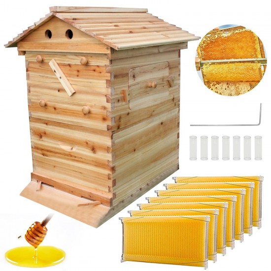 Bee Hives Boxes Starter Kit, Beehive Complete Kit with 7 PCS Auto Honey Beehive Frame, Food Grade BPA  for Beginners & Pro Beekeepers (Beehive Frame+Wooden Box)