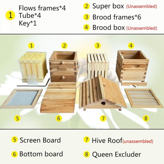 Mini Flows Hive Nuc, Mini Bee hive with 4pcs Flows Frames and 6pcs Beehive Foundations, with 1pcs Super Boxes 1pcs Brood Boxes, Bee Hives Starter Beekeeping Kits