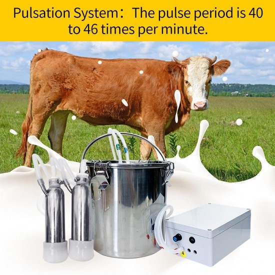 Cow Milking Machine 5L Pulsation Vacuum Electric Portable Stainless Steel Kit, High Configuration Double Head Teat Cups for Cow