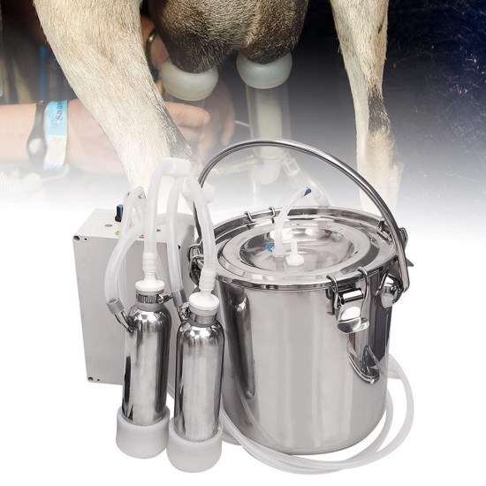 Cow Milking Machine 5L Pulsation Vacuum Electric Portable Stainless Steel Kit, High Configuration Double Head Teat Cups for Cow