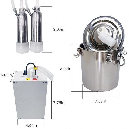 Cow Milking Machine 5L Pulsation Vacuum Electric Portable Stainless Steel Kit, High Configuration Double Head Teat Cups for Cow