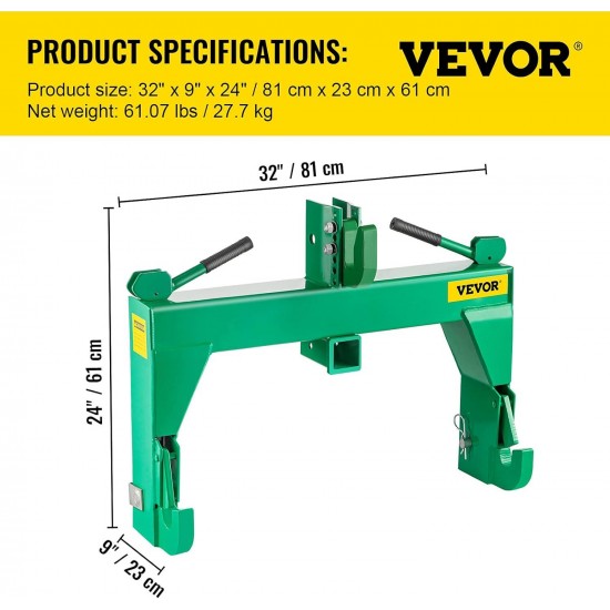 3-Point Quick Hitch, 3000 LBS Lifting Capacity Tractor Quick Hitch, 28.31 Between Lower Arms Attachments Quick Hitch, 5 Level Adjustable Bolt, Adaptation to Category 1 & 2 Tractor,Green