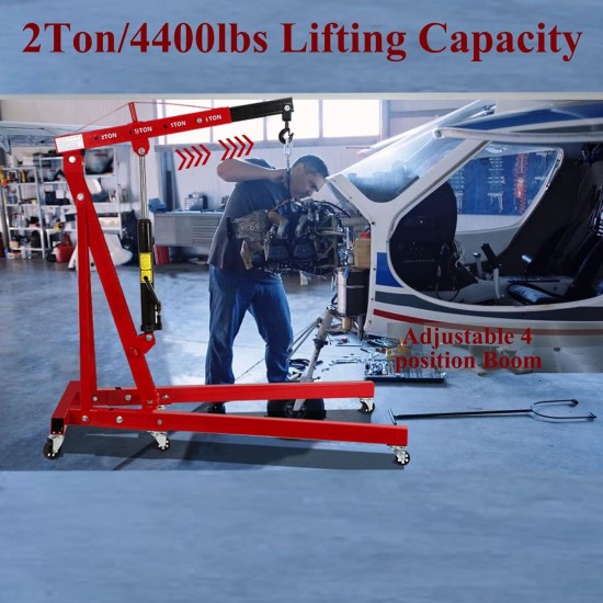 Engine Hoist Heavy Duty Steel Cherry Picker Engine Hoist 2 Ton 4409 lbs Folding Hydraulic Tilting Engine Lift with 6 Steel Caster Wheels Telescopic Boom Hitch