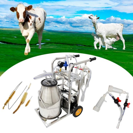 Electric Milking Machine Oil- Vacuum Pump Milker with 25L 304 Stainless Steel Bucket Cow Goat Milker Milking Machine for Cow Goat with 3 Cleaning Brushes Milking Equipment