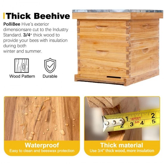 10 Frame Beehive Starter Kit, Beeswax Coated Bee Hives Includes 1 Deep Bee Boxes and 1 Bee Hive Super with Beehive Frames and Beeswax Foundation