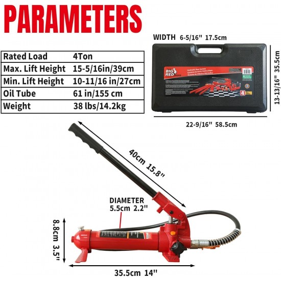 4 Ton Porta Power Kit, 17-Pcs Hydraulic Ram Auto Body Frame Repair Kit With Blow Mold Carrying Storage Case, 8000 Lbs Capacity,Red, T70401S Torin