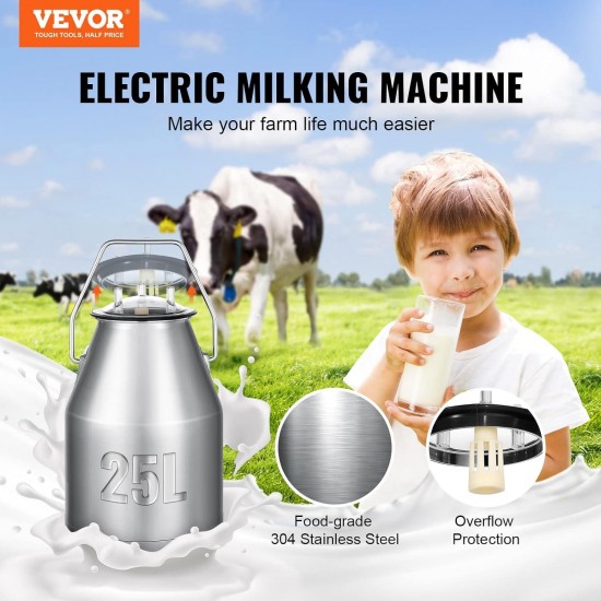 Electric Cow Milking Machine, 6.6 Gal / 25 L 304 Stainless Steel Bucket, Automatic Pulsation Vacuum Milker, Portable Milker with Food-Grade Silicone Cups and Tubes, Adjustable Pressure