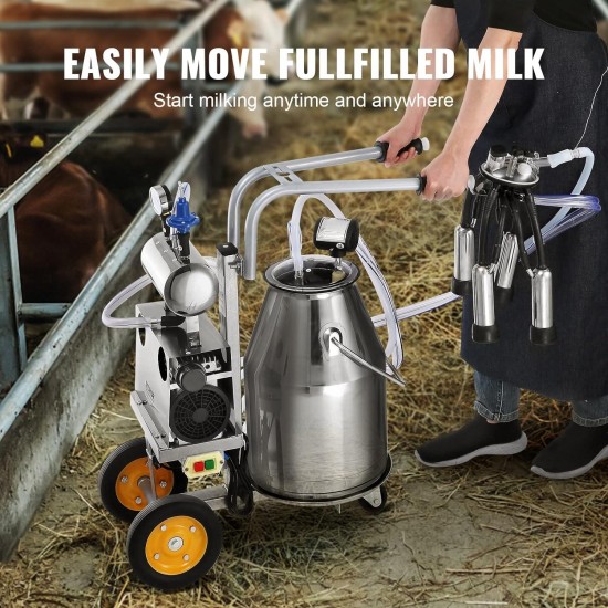 Electric Cow Milking Machine, 6.6 Gal / 25 L 304 Stainless Steel Bucket, Automatic Pulsation Vacuum Milker, Portable Milker with Food-Grade Silicone Cups and Tubes, Adjustable Pressure