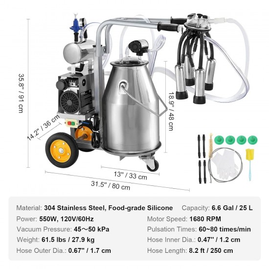 Electric Cow Milking Machine, 6.6 Gal / 25 L 304 Stainless Steel Bucket, Automatic Pulsation Vacuum Milker, Portable Milker with Food-Grade Silicone Cups and Tubes, Adjustable Pressure