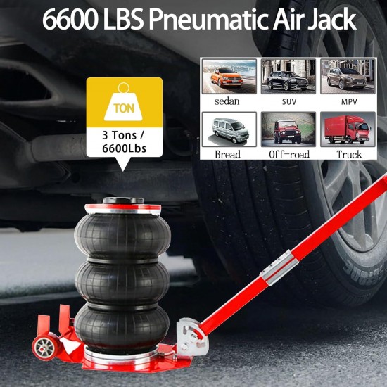 3 Ton/6600 lbs Triple Bag Air Jack Air Jacks for Cars with Adjustable Long Handle Heavy-Duty Triple Bag Air Jack，3-5S Fast Lifting，with Gloves(Red)