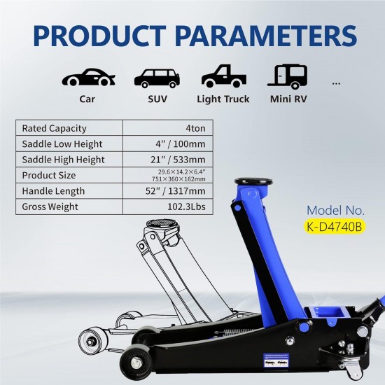 Floor Jack, 4 Ton Low Profile Floor Jack, Heavy-Duty Steel Racing Hydraulic Floor Car Jack with Dual Piston Quick Lift Pump, Floor Jack Lifting Range 4-21,quickjack Truck Jack