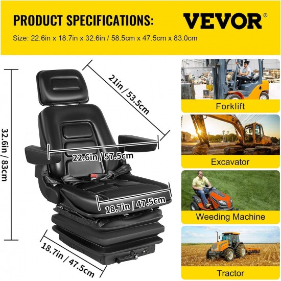 Suspension Seat Adjustable Backrest Headrest Armrest, Forklift Seat With Slide Rails, Foldable Heavy Duty for Tractor Forklift Excavator Skid Steer