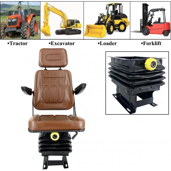 Universal Forklift Seat for Garden Lawn Mower, Komatsu Style Folding Seat Suspension Seat with Armrest and Spring Suspention Base for Mini Digger Forklift Excavator & Skid Loader, Brown