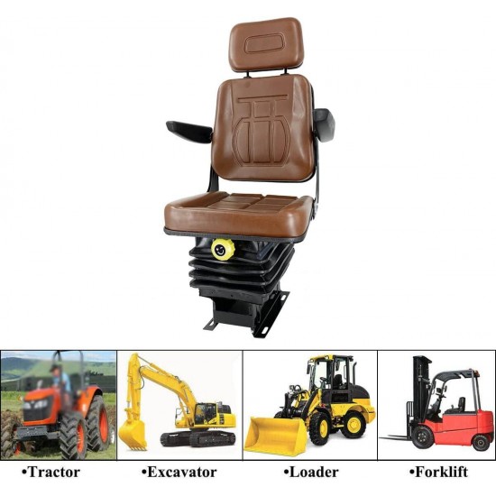 Universal Forklift Seat for Garden Lawn Mower, Komatsu Style Folding Seat Suspension Seat with Armrest and Spring Suspention Base for Mini Digger Forklift Excavator & Skid Loader, Brown