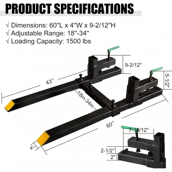 Pallet Forks 60 1500Lbs Max, Clamp On Tractor Bucket with Adjustable Stabilizer Bar, Fork Loader Attachment for Agriculture and Farm