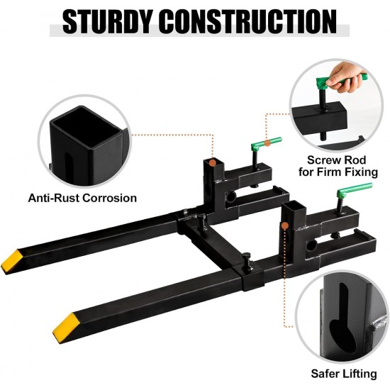 Pallet Forks 60 1500Lbs Max, Clamp On Tractor Bucket with Adjustable Stabilizer Bar, Fork Loader Attachment for Agriculture and Farm