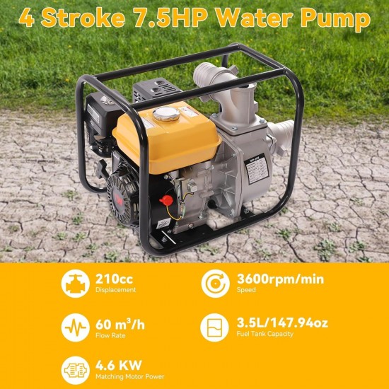 3 Inch 4 Stroke Semi-Trash Water Transfer Pump, 7.5HP 210CC Gas-Powered Engine Water Pump High Pressure For Garden Irrigation Drainage 3600rpm/min,Yellow