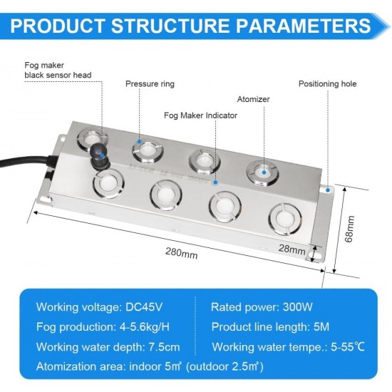 Mist Maker Fogger 8 Head Ultrasonic Mist Fogger with Power Supply，8 Head Ultrasonic Mist Maker Fogger,Mist Maker Fogger Water Fountain for Rockery/Pool/Fish Pond Fog (Sliver 8 Heads)