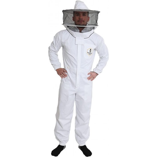 Premium Natural Cotton Bee Suit With Round Veil | Suitable For Beginner and Commercial Beekeepers | Includes YKK Brass Zippers Thumb Straps | Hive Tool Pockets - Medium