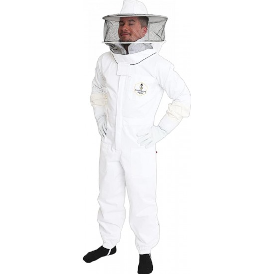 Premium Natural Cotton Bee Suit With Round Veil | Suitable For Beginner and Commercial Beekeepers | Includes YKK Brass Zippers Thumb Straps | Hive Tool Pockets - Medium