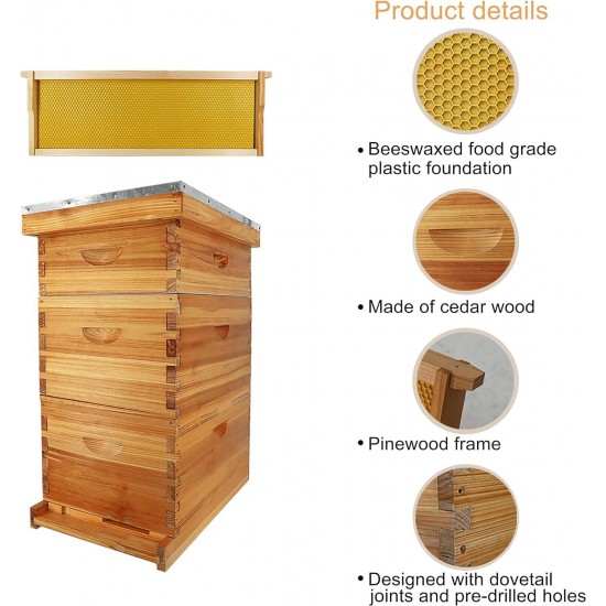 10-Frame Bee Hive Complete Beehive Kit Beeswax Coated Beehive Include Frames and Foundation Sheets for All Beekeeping Levels (2 Deep & 1 Medium Bee Boxes)