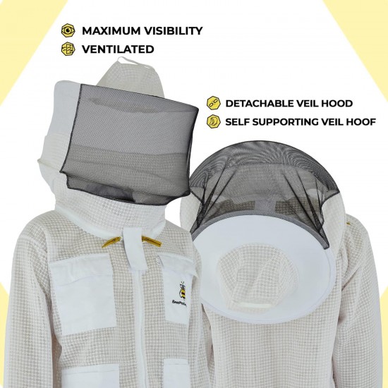 Ventilated Bee Suit for Men-3X Ultra Protective Layer Beekeeping Suit-Premium White Fabric Mesh Bee Keepers Suite-Professional Bee Suit for Women with Round Veil and  Gloves (Medium)