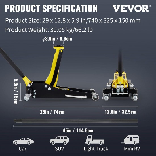 3 Ton Low Profile , Aluminum and Steel Racing Floor Jack with Dual Pistons Quick Lift Pump for Sport Utility Vehicle, Lifting Range 3-6/11-19-11/16, yellow,black