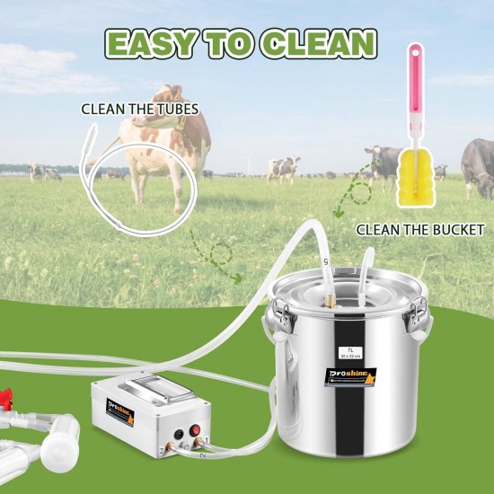 2 in 1 7L Goat Milking Machine, Electric Vacuum Pulsation Milker, Handheld Portable Milking Machine for Cows with 4 Teat Cups (for Goat Cow Battery)