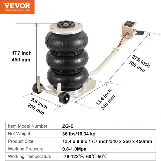 Air Jack, 3T / 6600 lbs Triple Bag Air Jack, Airbag Jack with Six Steel Pipes, Lift up to 17.7 inch/450 mm, 3-5 s Fast Lifting Pneumatic Jack, with Long Handles for Car, Garage, Repair