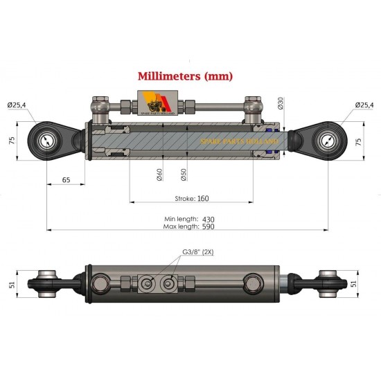 Hydraulic Top Link Cat. 2-2 with Locking Block 16 15/16” - 23 1/4” with 2 x Hoses