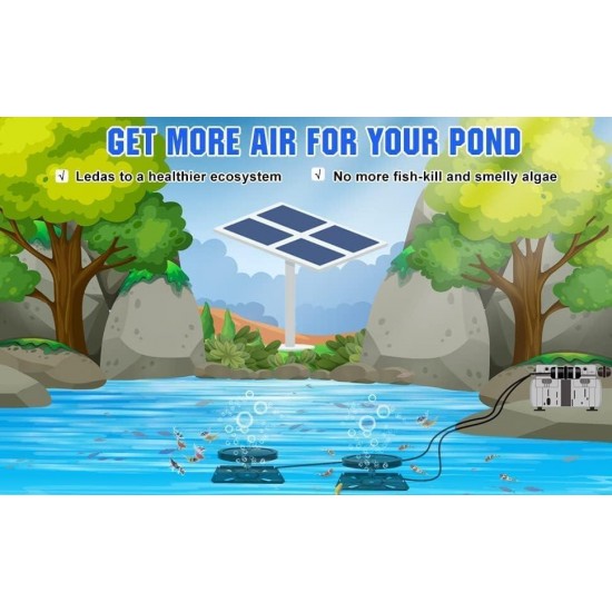 5.76CFM Solar Pond aerator With 4pcs 100W solar panels, 300W & Lake Aerator with 24V 5ah Power Box,100' Weighted Tubing, Faster Sinking Diffusers