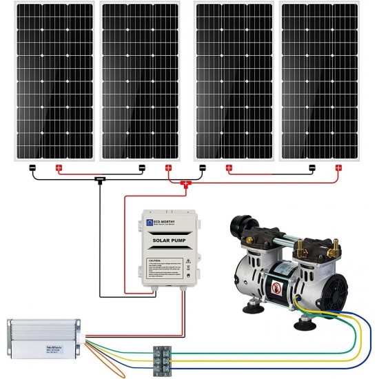 5.76CFM Solar Pond aerator With 4pcs 100W solar panels, 300W & Lake Aerator with 24V 5ah Power Box,100' Weighted Tubing, Faster Sinking Diffusers