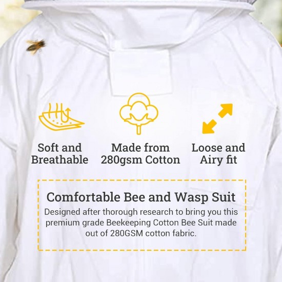 Professional Bee Suit with Round Hood Veil- Thick Cotton Bee Suit Sting-Less Protection Pro Beekeeper Suit Bee Keeper Suite Trajes De Apicultura XL