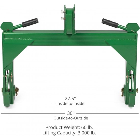 Titan Attachments Green 3 Point Quick Hitch Adaptor to Category 1 and 2 Tractors, 3000 LB Lifting Capacity, 27.5 Between Lower Arms, 14.5 ~17.5 Level Adjustment